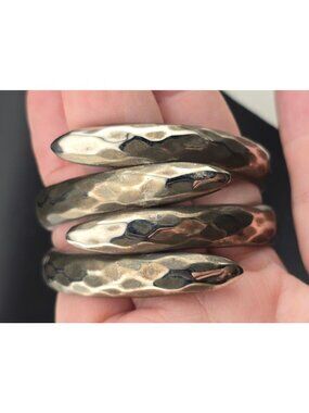 Hammered Silver-Tone Snake Hinged Coil Clamper Bangle Bracelet Textured Finish